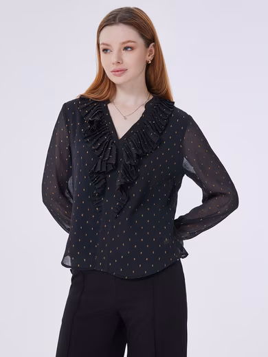 Shirt blouse women elegant long-sleeved shirt with V-neck half-perspective shirt