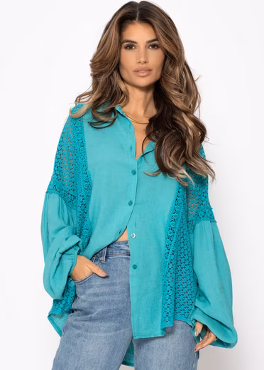 Long-sleeved linen blouse for women with lace inserts