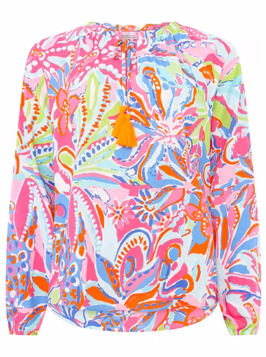 Slip-on blouse "Happy Flower" with floral pattern, tie with tassels