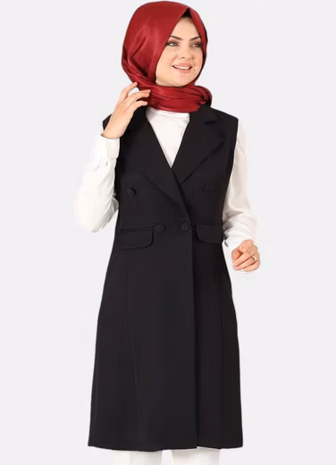 Long tunic women's vest with button detail and collar - Modest Fashion