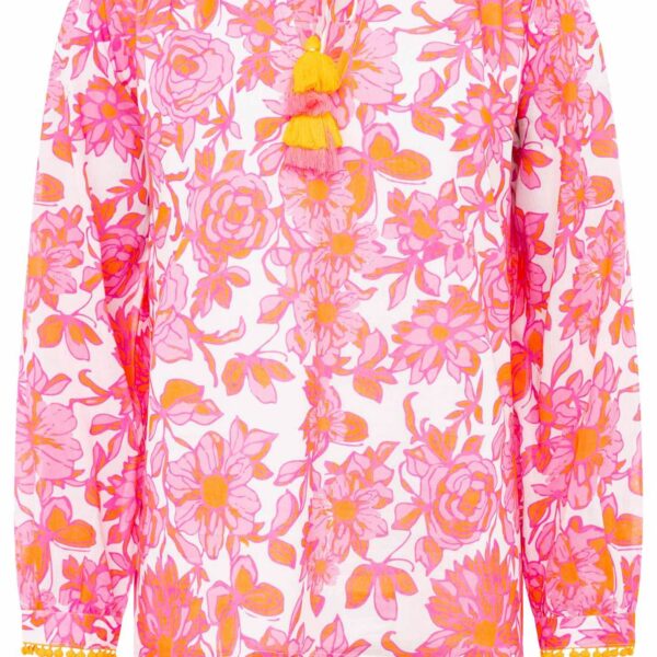 Shirt Blouse "Butterfly" with floral pattern, tassels and pom pom trim