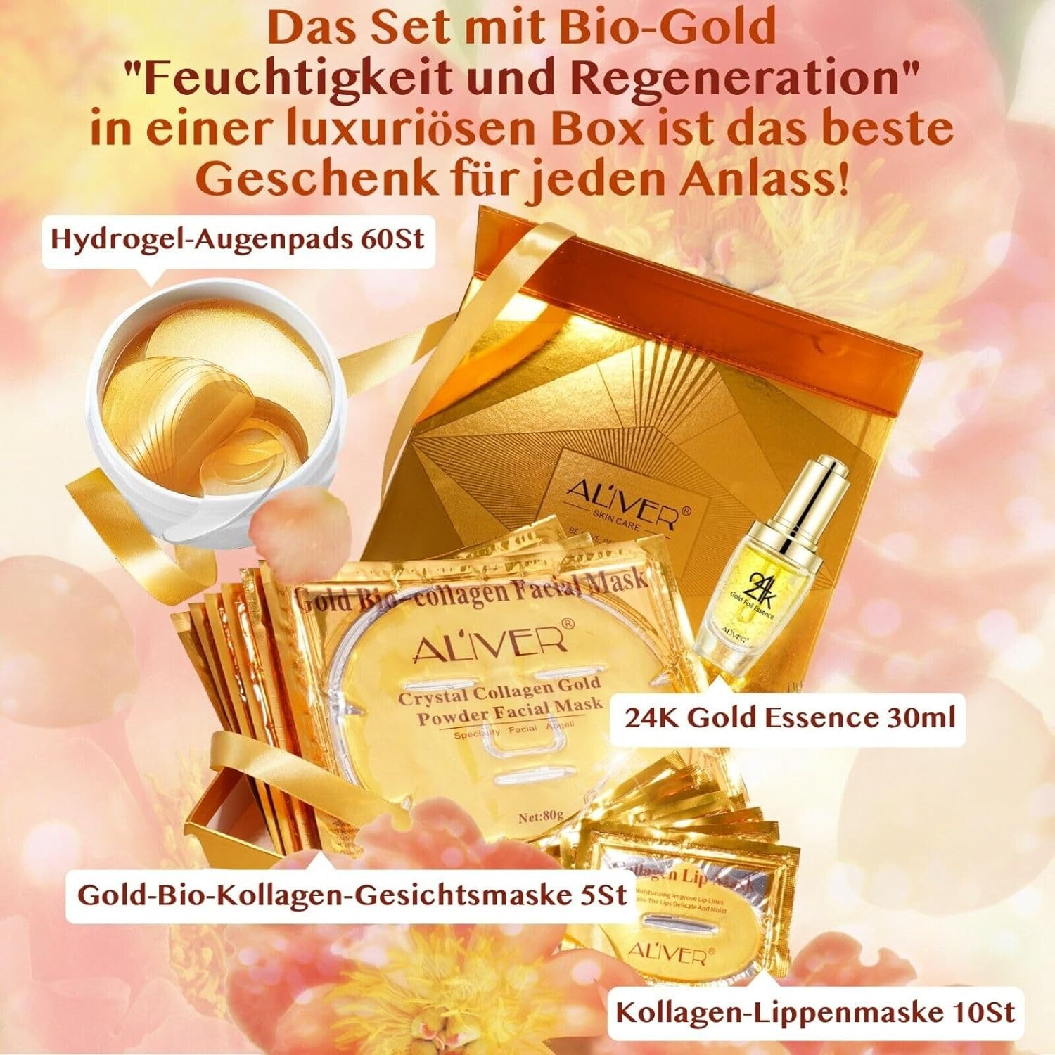 Facial Care Set Crystal Gold Face Mask Eye Pads Essence Serum Lip Mask 24K - Image 2