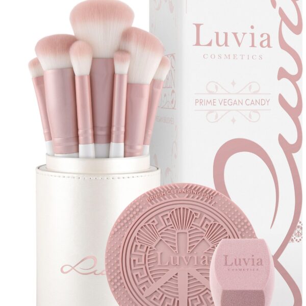 Prime Vegan Candy cosmetic brush set 10 pieces, with 7 brushes made of Nurai hair, sponge and cleaning mat, vegan.
