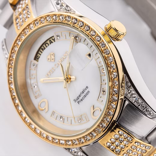 Quartz Watch TIBERIUS Stainless steel bracelet, zirconia crystals, date and weekday display