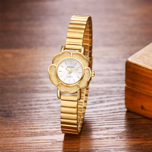 Women's Watch Gold Stainless Steel Watches Fashionable Flower Design Analog Quartz Watch Stainless steel bracelet Small casual watch with flower bezel & bar scale - Image 2