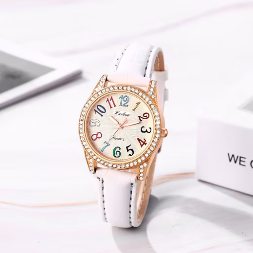 Dial with colorful Arabic numerals and sparkling zirconia stones Precise quartz movement