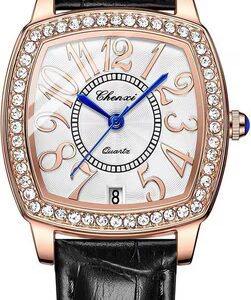 Women Business Casual with Genuine Leather Watch with Analog Quartz Classic Elegant Rhinestone