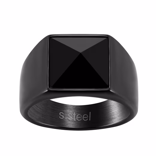 Men's Ring 316L Stainless Steel Black PVD Men's Ring - Black Stone - RHX-102 with zirconia