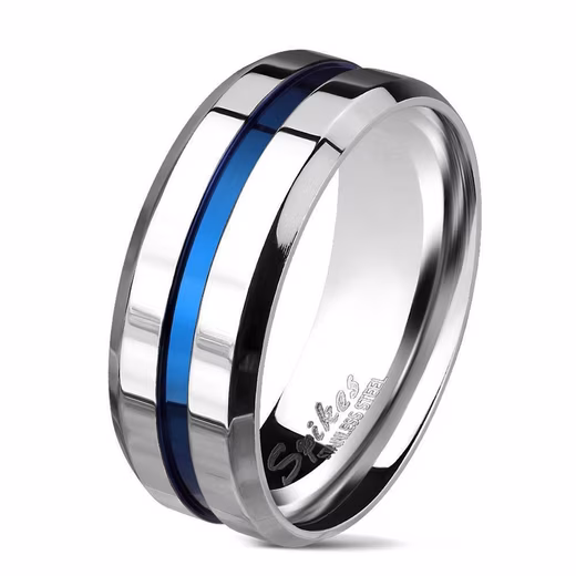 Finger ring with blue stripe and beveled edges silver made of stainless steel (Ring, 1-piece), men