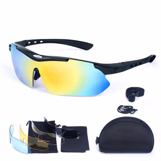 Cycling glasses, polarized sunglasses, sports glasses (Ideal for outdoor use, running, cycling, fishing, golf, with storage bag, with 4 interchangeable lenses), UV protection 400