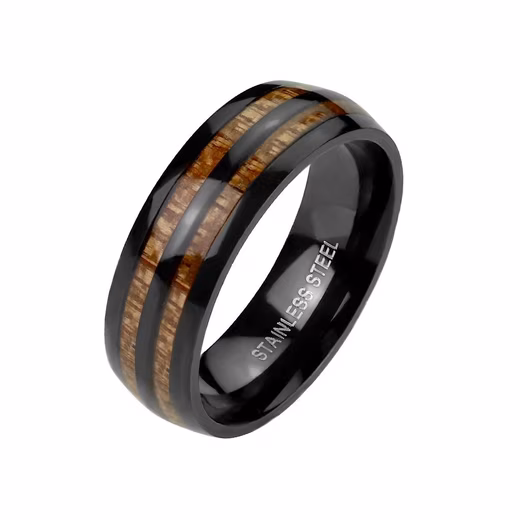 Finger ring double wood inlay black made of stainless steel unisex (Ring, 1-piece), wooden rows with 3D effect