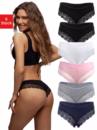 Women's briefs - women's Brazilian briefs made of cotton (Pack, 6-pcs) with floral lace at the leg end