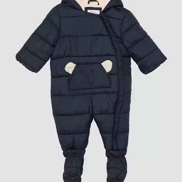Overall snowsuit with removable feet and velvety fleece lining
