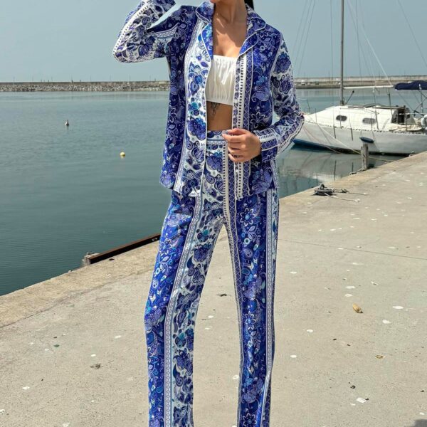 Trouser suit 3-piece viscose patterned bustier trouser suit in blue