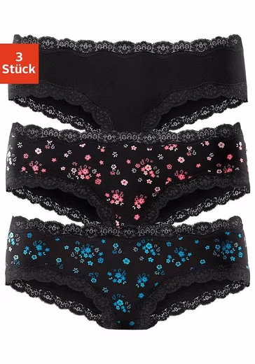 Panty (3-pack) made of stretch cotton with floral lace