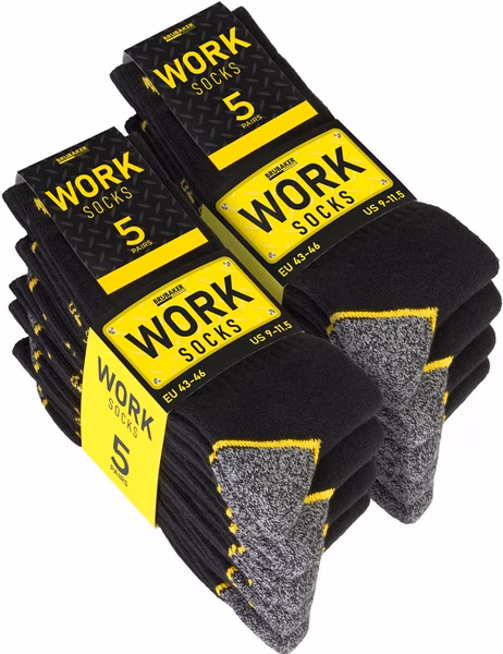 Work socks for men - Work socks for safety shoes BRUBAKER (Black, Yellow, Heather Grey, 10-pair, Set) Robust functional socks made of breathable cotton to prevent sweaty feet