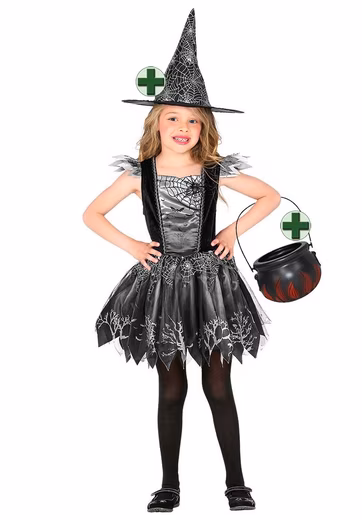 Children's costume Girl's costume Halloween dress, hat and witch's cauldron