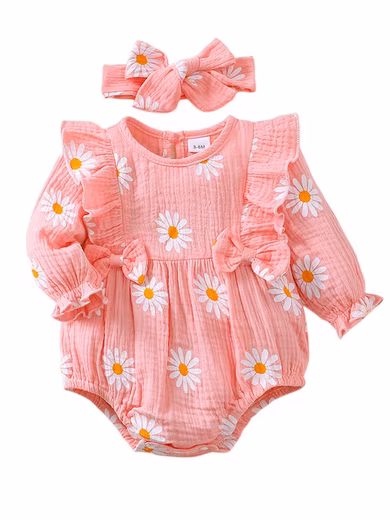 Romper Baby Girl Floral Long Sleeve Romper Set Ruffle Bodysuit + Hairband (2-piece) Cute newborn baby clothes with bow, cotton, 0-18 months