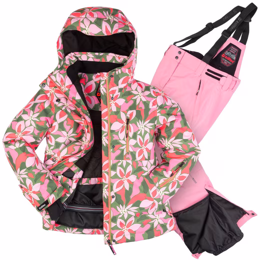 Girls' ski suit with floral pattern and pink ski pants waterproof welded seams - breathable fabric