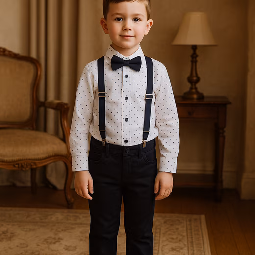 Suit 4-piece boys outfit, black and white, set: shirt + trousers + bow tie + suspenders