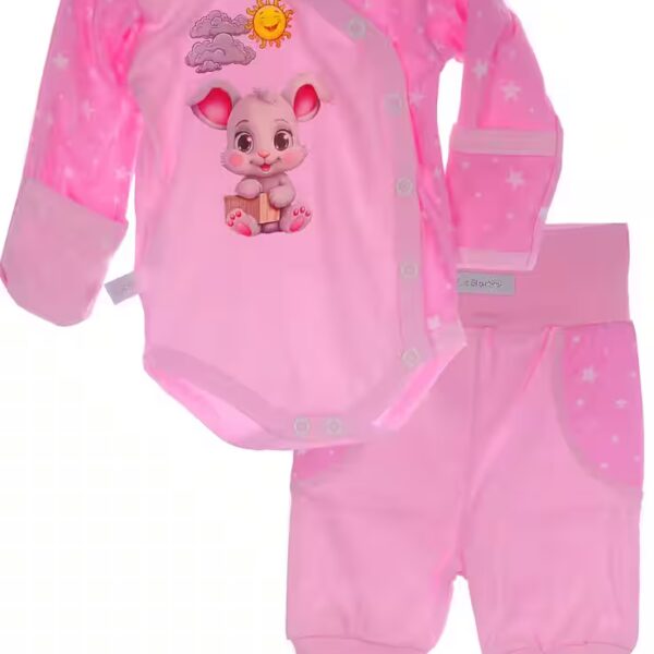 Wrap body long sleeve body trousers baby suit 2 pieces set body in pink with rabbits of pure cotton, 44 50 56 62 68 74 80 86 with stars