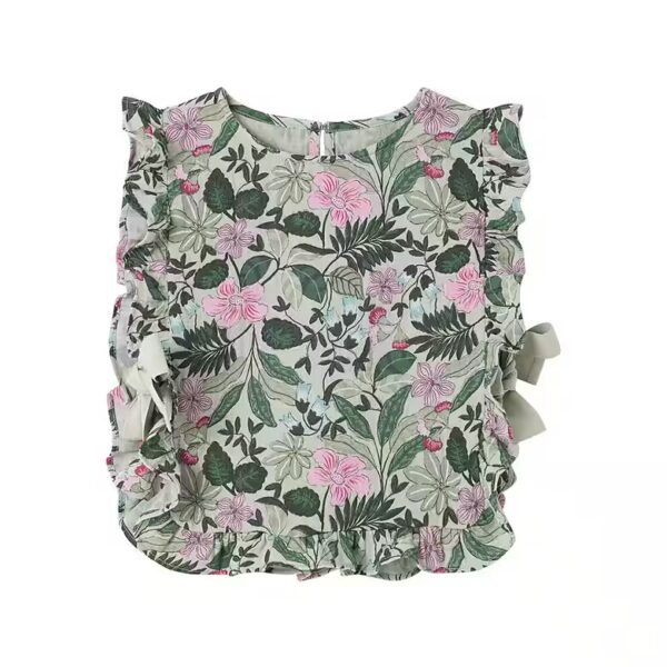 Short Sleeve Blouse Girl Muslin Blouse Top with Volants