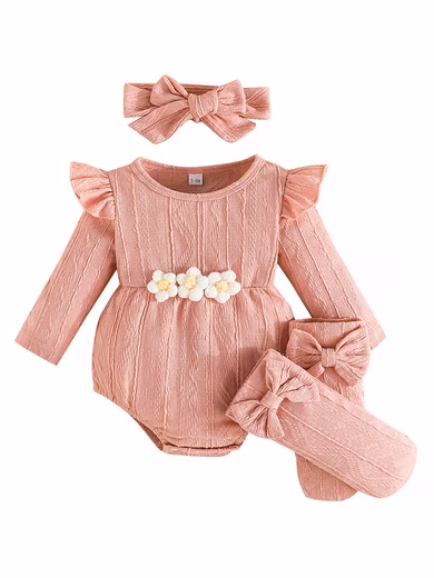 Romper Baby Girl Solid Color Jacquard Bodysuit Baby Clothes with Flowers