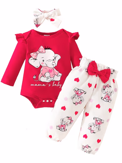 Romper Baby Girl Long Sleeve Romper & Pants Outfits Set Print Baby Clothes