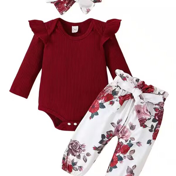 Shirt, Leggings & Hairband Baby Girls Long Sleeve Body Romper Ruffles Flowers Pants+Headband Set