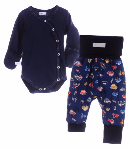Body & Pants Wrap Bodysuit with Scratch Protection and Pants Set Baby Suit in Blue with Cars