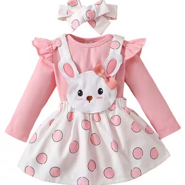 Shirt, Skirt & Hairband Baby Girl Long Sleeve Jumpsuit & Cute Strappy Dress & Headband (set, 3 pieces) party outfits for newborns with bunny pattern and polka dot print