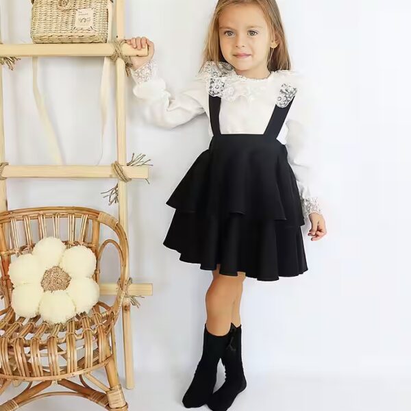 Shirt & Skirt Black dress with straps white long-sleeved blouse with lace detail