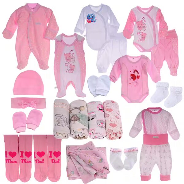 Initial equipment package baby set 22 pieces body trousers rompers tights shirt socks in pink, made of cotton, 44 50 56 62 68 spit cloths headband