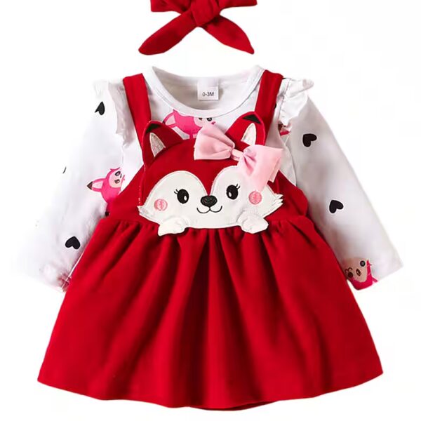 T-Shirt & Dress Baby Girl Sweet Animal Print Romper Bib Dress + Headband Outfits Set (3 pieces) Fox & Heart Pattern Long Sleeve Baby Clothing Ruffles Bodysuit Straps Skirt