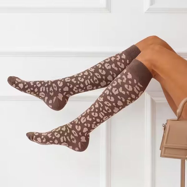 Knee Stockings 1 Pair of Modern Cotton Knee Stockings 37/41 for Women with Animal Pattern (1 pair) flat seams, calf circumference up to a maximum of 38 cm, long socks, Panter pattern