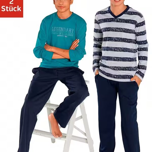 Pajamas with stripes and print (4 pieces, 2 pieces) in long form