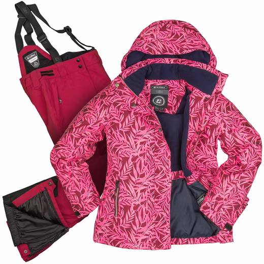 Girls' ski suit pink patterned ski jacket + burgundy ski pants welded seams