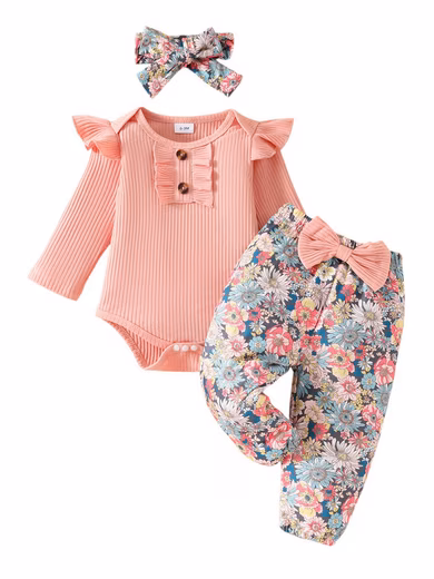 Long-sleeved shirt & pants baby girl floral romper + pants outfits ruffle basic leisure suit (3-piece) Spring & Summer Baby Clothes Long Sleeve Overall Set with Headband