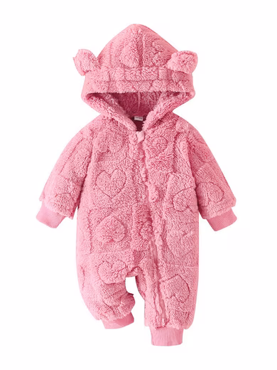 Romper Hoodie for Baby Boys Girls, Warm Jumpsuit with Heart Pattern