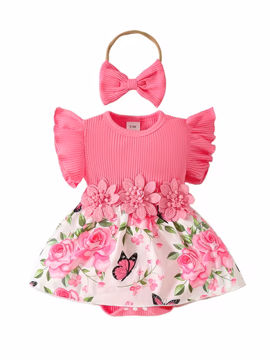 Romper Newborn Short Sleeve Floral Romper & Headband Outfits Baby Girl (Set, 2-piece) Baby clothes with ruffles summer dress sweet party dress set