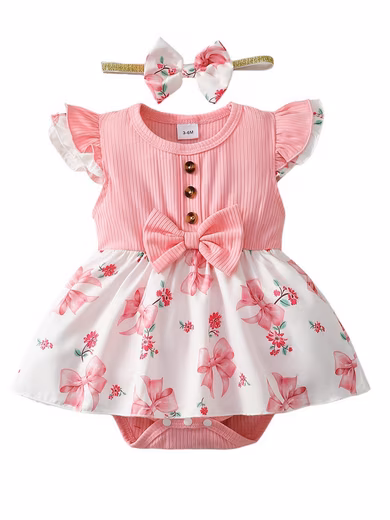 Romper Baby Girl Newborn Casual Set, Bodysuit Outfits with Floral Print (Set, 2-piece) Jersey Ruffle Summer Dress & Headband, Cute Short Sleeve Baby Party Set