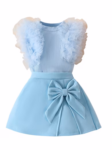 Shirt & Skirt Baby Girls Cute Summer Outfits Set, Sleeveless Top + Skirt with Bowknot (Set, 2-piece) Elegant Ruffle Baby Sets, Party, Holiday, Wedding Baby Clothes