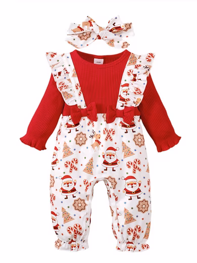 Romper Christmas Long Sleeve Romper Outfit Baby Girl Jumpsuit+Headband Set (Set, 2-piece) Baby Clothes Print Long Sleeve Jumpsuit, Crawling Suit, Cotton Blend