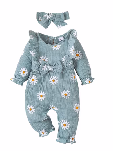 Romper Baby Long Sleeve Outfit Set, Bodysuit with Ruffles and Daisy Pattern (Set, 2-piece) Jumpsuit & Hairband Set, 100% Cotton, Bow Decor, Casual, Sweet