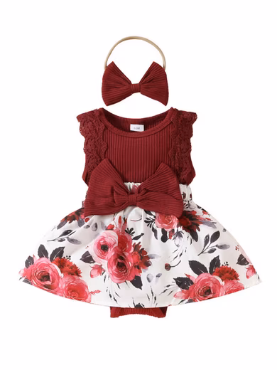 Romper Newborn Baby Clothes with Lace Summer Dress Sweet Party Dress Set (Set, 2-piece) Baby Girl Short Sleeve Floral Romper & Hairband Outfit A-line Dress