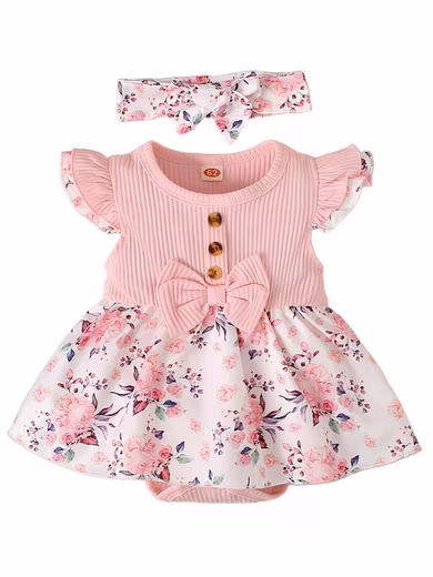 Rompers Newborn Short Sleeve Floral Romper Outfits Baby Girl Body-Dress (Romper + Headband Sets), 2-piece) Summer Overall Baby Clothes Infant Ruffle Romper Dress + Headband