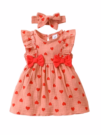 A-line Dress Sleeveless Baby Summer Dress, Beach Dress with Love Print & Headband (Set, 2-piece) Newborn Outfit Set, Casual Cotton Party Dress with Ruffles