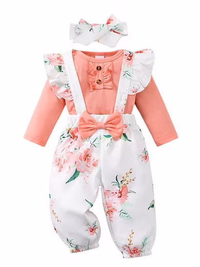 Romper Baby Girl Cute Set Flowers Long Sleeve Baby Clothes Casual Suit (3-piece) Ruffle Jumpsuit + Pants + Headband Set, Spring Autumn Baby Clothes