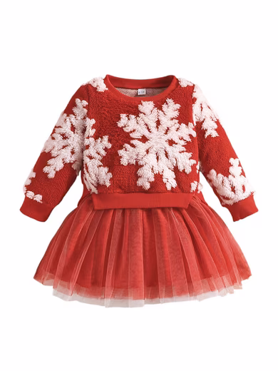 Party Dress Girls Christmas Tulle Dress Long Sleeve A-Line Dress Snowflake Print (1-piece) plush midi dress knee-length, patchwork with tulle skirt, festive