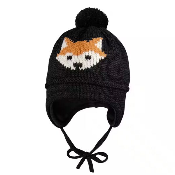 Knitted hat MINI BOY hat, intarsia fox stitched, tie ribbon, pompom, lining